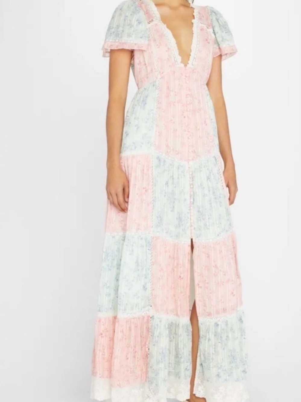 LoveShackFancy Pastel Patchwork Maxi Dress in Pink and Light Blue